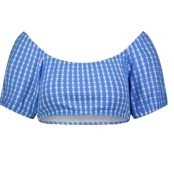 NEW • Lemlem • Zala Pouf Sleeve Swim Bikini Top Coastal Blue / White XS swimwear - Picture 1 of 5
